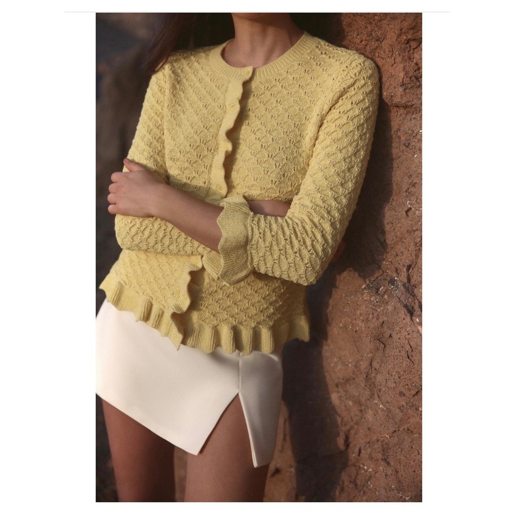 Zara Yellow Ruffle Trim Pointelle Knit Cardigan Sweater Coquette Size M
